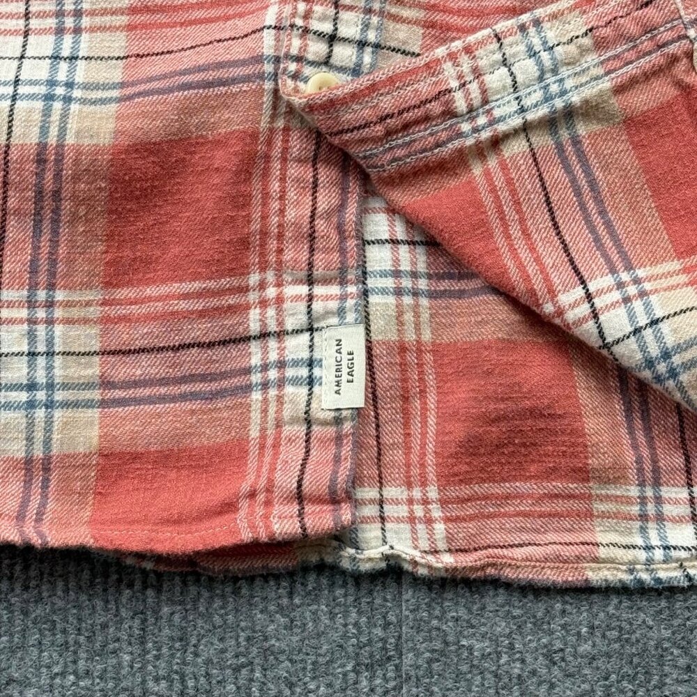 American Eagle Mens L Plaid Flannel Shirt Shacket Removeable Hood Cabincore Red - Picture 6 of 13